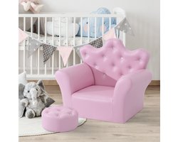 REDOM - Kindersofa - Met ottomane - Zachte zitting en armleuningen - Gecapitonneerde afwerking - Klassieke stijl - Kinderkamer - Kunstleer en hout - Roze - 58 x 40,5 x 49 cm