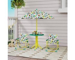 REDOM - Kindertuinset - 4-delig met 2 klapstoelen - Verstelbare en afneembare parasol - Jungleprint - Buiten - Metaal en polyester - Groen - 100 x 100 x 122 cm