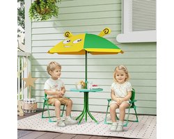 REDOM - Kindertuinstoelenset met tafel en parasol - 4-delig opvouwbaar - Verstelbare parasol - Biezenthema - Buiten - Metaal - Groen en Geel - 100 x 100 x 122 cm