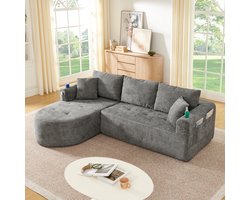REDOM L-vormige Hoekbank + Sofa - Modulair ontwerp met bekerhouder en opbergvakken - Moderne bank voor woonkamer - Ademende linnen bekleding - Grijs - 255 x 170 x 67 cm
