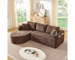 REDOM L-vormige Hoekbank + Sofa - Montagevrij met bekerhouder en zijvakken - Moderne bank voor woonkamer - Ademende linnen bekleding - Bruin - 255 x 170 x 67 cm