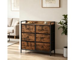 REDOM - Ladekast - 6 Laden - Retro - Voor Hal - Hout, Metaal En Stof - Zwart En Rustiek Bruin - 80 X 29 X 78 Cm