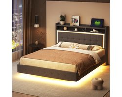 REDOM Ledikant 140x200 cm, gestoffeerd linnen grijs, met USB-poort en LED-verlichting, verborgen poten