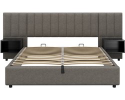 REDOM Ledikant 160x200 cm – Linnen grijs – Met hydraulische opbergruimte & 2 nachtkastjes – Modern