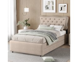 REDOM Ledikant 90x200 cm – Gestoffeerd met linnen – Koperen siernagels & 2 opbergladen – Donkerbeige