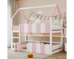 REDOM Ledikant 90x200 cm – Huisvormig hoogslaper – Met veiligheidshekken & lattenbodem – Wit/Roze – Kindvriendelijk
