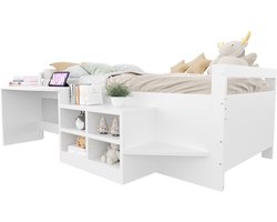 REDOM Ledikant 90x200 cm – Kinderbed met Bureau en Opbergruimte – USB en Stopcontact – Ruimtebesparend Bed voor Kinderkamer – Hout – Wit