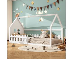 REDOM Ledikant 90x200 cm van massief hout en MDF, huisvormig ontwerp, wit, kindvriendelijk en eenvoudig te monteren