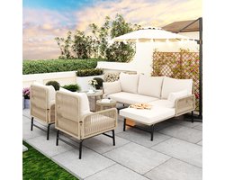 REDOM Loungeset Tuin - 6-Delig - Handgeweven Touw - Moderne Wicker Loungeset met Comfortabele Zitkussens - Beige - Ideaal voor Terras, Tuin of Balkon - Tuinmeubelen Set