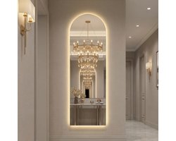 REDOM Luxe Boogspiegel met LED Verlichting (150x50) - Dimbare Passpiegel / Vloerspiegel - 3 Kleuren Touch Bediening - Hotel Chique