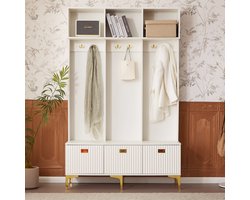 REDOM Luxe Garderobekast met Zitbank (120x191) - Kapstok met Ribbelstructuur & Gouden Details - Schoenenopbergmat - Wit Hoogglans