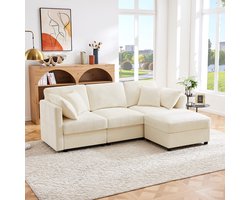 REDOM Luxe Hoekbank met Losse Hocker (218cm) - Flexibele L-Vorm met Slaapfunctie / Verstelbare Armleuningen - Chenille Beige-76 x 68,5 x 47 cm