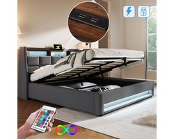 REDOM Luxe Oorbed met Opbergruimte (140x200 Twijfelaar) - Boekenplank, 2x USB & Dubbele LED - Grijs