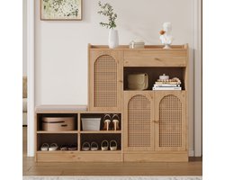 REDOM Luxe Schoenenkast met Zitbank - Halmeubel met 3 Rotan Deuren & Lade - Garderobekast Naturel - 142x35x110 cm