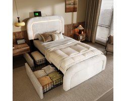 REDOM Luxe Teddy Bed (90x200) - Eenpersoonsbed Bouclé met LED & USB Laadstation - 2 Opbergmanden - Wit