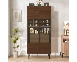 REDOM Luxe Vitrinekast Walnoot (180cm) - Barkast met Geribbeld Glas & 4 Deuren - Japandi Opbergkast - Hoog Model