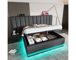 REDOM Luxe Zwevend Opbergbed met LED (160x200) - Extrabreed Hoofdbord met USB Snellader - Linnen Grijs