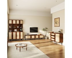 REDOM - Meubelset met tv-lowboard sideboard en hoge kast - MDF - Gevlochten fronten - Zwarte handgrepen - Metalen poten - Walnootkleur