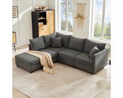 REDOM - Modulaire Hoekbank 5-Zits - Verplaatsbare Hocker En L- Of U-Opstelling - Modern - Voor Woonkamer - Katoen-Linnen - Grijs - 220 x 194 x 85 cm
