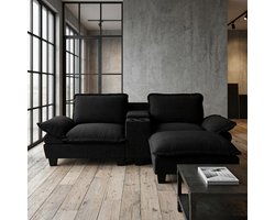 REDOM Modulaire Hoekbank - Met USB-Aansluiting, Opbergruimte en Bekerhouders - Comfortabele Sofa met Ottomaan - Voor Woonkamer - Chenille - Zwart - 224 x 151 x 90 cm