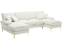 REDOM Modulaire hoekbank U-vorm – 2 ligposities & 4+2 kussens – Gouden metalen poten – Zachte beige chenille stof – Geschikt voor woonkamer – Beige – 272 cm