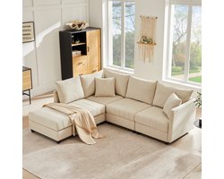 REDOM - Modulaire Hoekbank - Verplaatsbare Voetenbank - L- En U-Opstelling - Woonkamer - Katoen En Linnen - Beige - 220 X 194 X 85 Cm