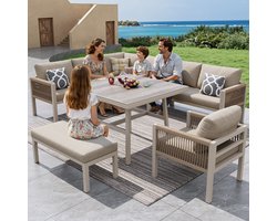 REDOM Modulaire Loungeset Tuin - L-Vorm - Voor Maximaal 8 Personen - Met Salontafel en Glazen Blad - Stalen Frame - Inclusief Afneembare Kussens - Beige - Tuinmeubelen Set voor Terras of Balkon