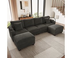 REDOM - Modulaire U-Vorm Hoekbank Met Slaapfunctie En Opbergruimte - Modern - Voor Woonkamer - Ribstof - Grijs - 275,5 x 139 x 87 cm