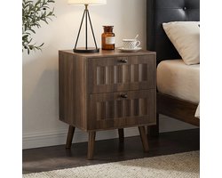 REDOM Nachtkastje met 2 Lades – Retro Design met Geribbelde Fronten en Hoge Houten Poten – Voor Slaapkamer en Naast het Bed – MDF en Spaanplaat – Walnoot