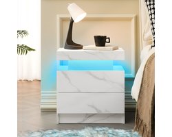 REDOM Nachtkastje van MDF-hout met verstelbare multi-color LED-verlichting en 2 lades, mat wit, modern design