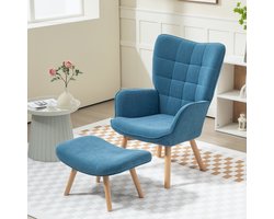 REDOM - Oorfauteuil Met Hocker - Getuft - Hoge Rugleuning - Klassiek - Voor Woonkamer - Ribstof - Blauw