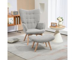 REDOM - Oorfauteuil Met Voetenbank - Getuft - Klassiek - Voor Woonkamer - Polyester - Grijs - 72 X 80 X 101 Cm