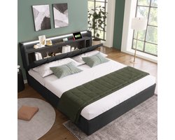 REDOM Opbergbed 140x200 cm van linnen, verstelbaar hoofdbord met USB/Type-C en LED