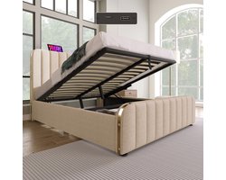 REDOM Opbergbed 140x200x101 cm van linnen, hydraulisch liftsysteem en USB/Type-C hoofdbord