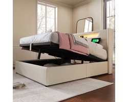 REDOM Opbergbed 140x200x107 cm van linnen, LED-hoofdbord met USB/Type-C