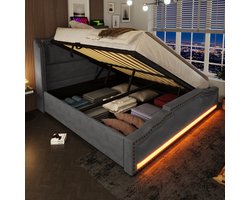 REDOM Opbergbed 140x200x120 cm van fluweel, hydraulisch liftsysteem met LED en USB/Type-C