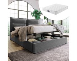 REDOM Opbergbed 141x203x107-113 cm van fluweel, hydraulisch liftsysteem en verstelbaar hoofdbord