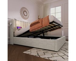 REDOM Opbergbed 145x206x103 cm van linnen, hydraulisch liftsysteem en leeslamp met USB