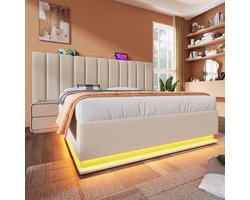 REDOM Opbergbed 160x200 cm van linnen, hydraulisch liftsysteem met LED en USB-C