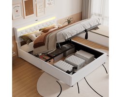 REDOM Opbergbed 160x200x100 cm van linnen en MDF, hydraulisch liftsysteem en LED-hoofdbord