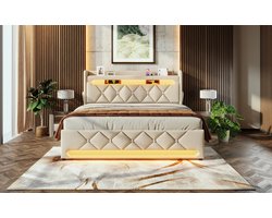 REDOM Opbergbed 160x200x111 cm van linnen, hydraulisch liftsysteem en LED-licht