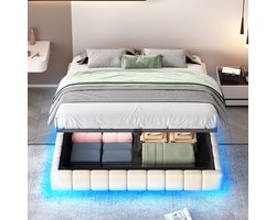 REDOM Opbergbed 160x200x31 cm van linnen stof, hydraulisch liftsysteem en LED-licht