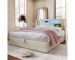 REDOM Opbergbed 168x212x107 cm van linnen stof, LED-hoofdbord met USB & Type-C