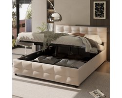 REDOM - Opbergbed 180x200 cm – Gestoffeerd Bed Met Hydraulische Opbergruimte En Zacht Hoofdbord – Comfortabel Bed Voor Slaapkamer – Fluweel – Beige