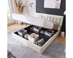REDOM Opbergbed 180x200 cm van PU-leer, hydraulisch liftsysteem en LED-hoofdbord