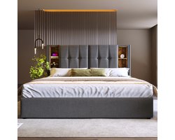 REDOM Opbergbed 185x206x100.5 cm van katoen, hydraulisch liftsysteem met laden (USB/USB-C/draadloos)