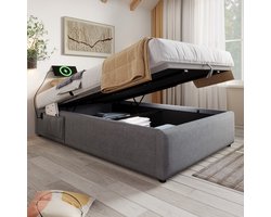 REDOM Opbergbed 90x190 cm van linnen, hydraulisch liftsysteem en hoofdbord met boekenkast