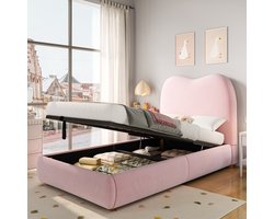 REDOM opbergbed 90x200 cm – Fluweel roze – Hydraulisch – Afgeronde hoeken + dik schuim hoofdbord – Ingebouwde matrasconstructie – 150 kg