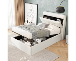 REDOM opbergbed 90x200 cm – PU wit – Hydraulisch liftsysteem – Hoofdbord met verborgen opbergruimte – Dubbele opbergruimte (hoofdbord + bedbak) – Lattenbodem – 120 kg – 2 pakketten