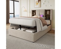 REDOM Opbergbed 90x200 cm van linnen, hoofdbord met draadloos laden en USB/Type-C